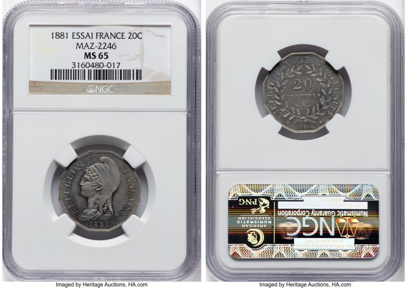 Republic nickel-silver Essai 20 Centimes 1881 MS65 NGC, Maz-2246 (R2). HID098012...