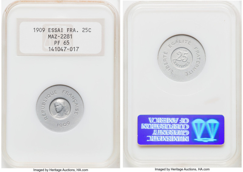 Republic aluminum Proof Essai 25 Centimes 1909 PR65 NGC, Maz-2281 (R2). Single-f...