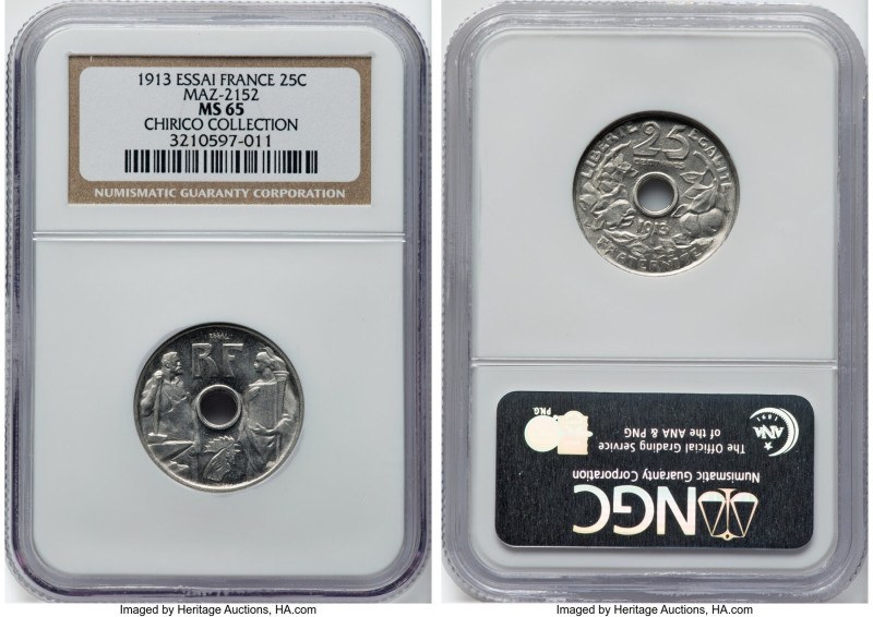 Republic nickel Essai 25 Centimes 1913 MS65 NGC, Maz-2152 (R2). Ex. Chirico Coll...