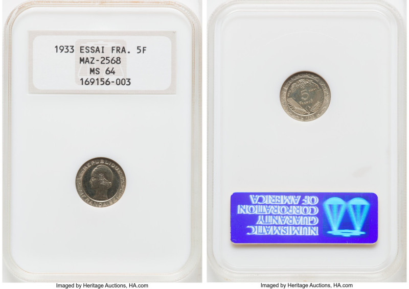 Republic nickel-silver Essai 5 Francs 1933 MS64 NGC, Maz-2568 (R3). Beautiful go...