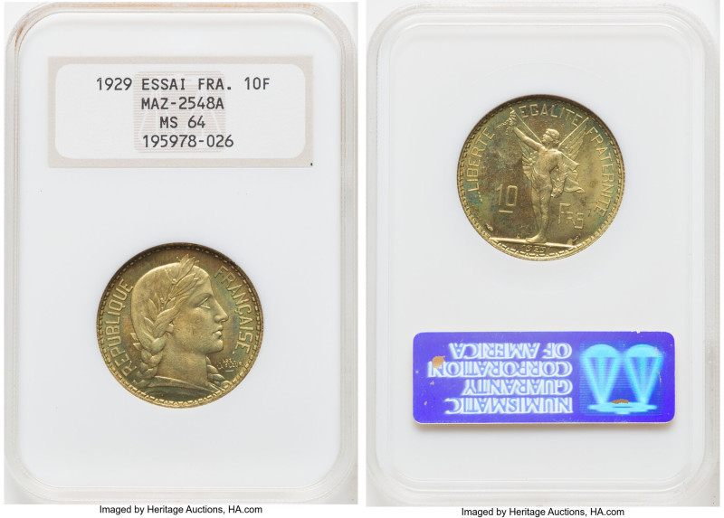 Republic aluminum-bronze Essai 10 Francs 1929 MS64 NGC, Maz-2548a. Tied at the s...