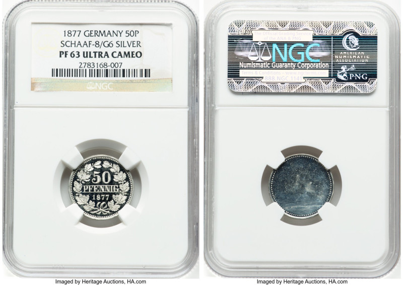 Wilhelm I silver Proof Uniface 50 Pfennig 1877 PR63 NGC, Schaaf-8/G6. HID0980124...