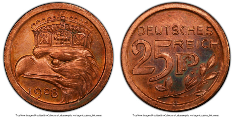 Wilhelm II copper Specimen Pattern 25 Pfennig 1908-D SP64 Red and Brown PCGS, Mu...