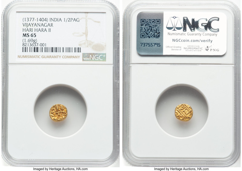 Vijayanagar. Hari Hara II gold 1/2 Pagoda ND (1377-1404) MS65 NGC, Fr-350. 1.69g...