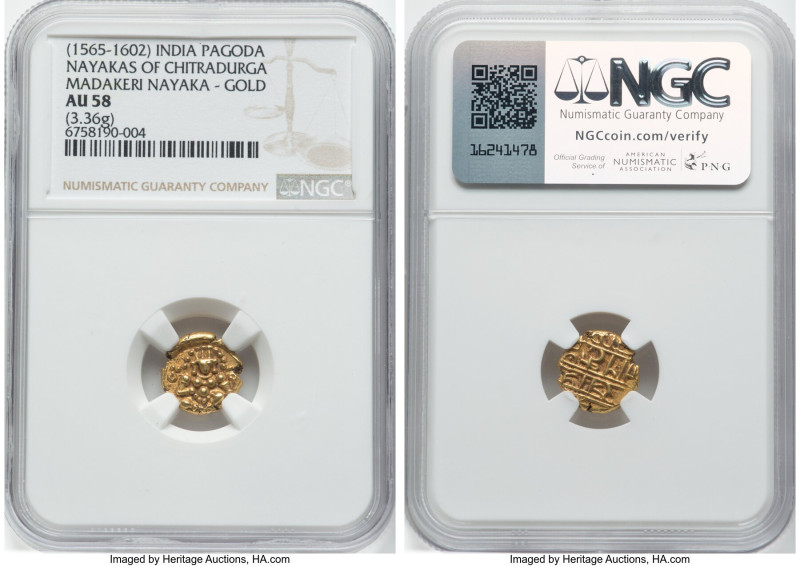 Nayakas of Chitradurga. Madakeri Nayaka gold Pagoda ND (1565-1602) AU58 NGC, Fr-...