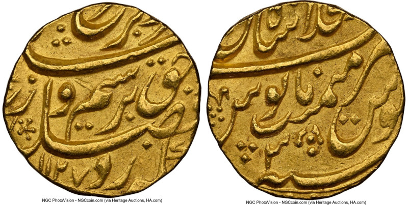 Mughal Empire. Farrukhsiyar gold Mohur AH 1127 Year 3 (1715/1716) AU58 NGC, Shah...