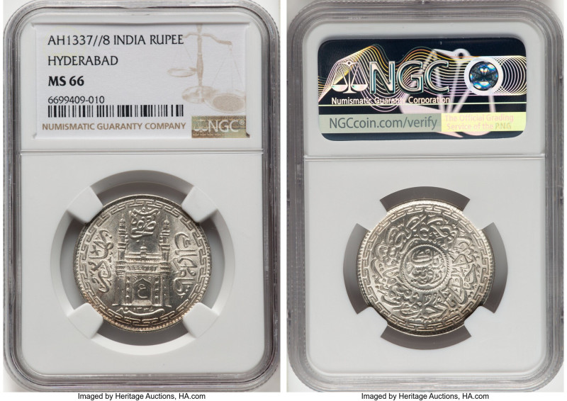 Hyderabad. Mir Usman Ali Khan Rupee AH 1337 Year 8 (1918/1919) MS66 NGC, Haidara...