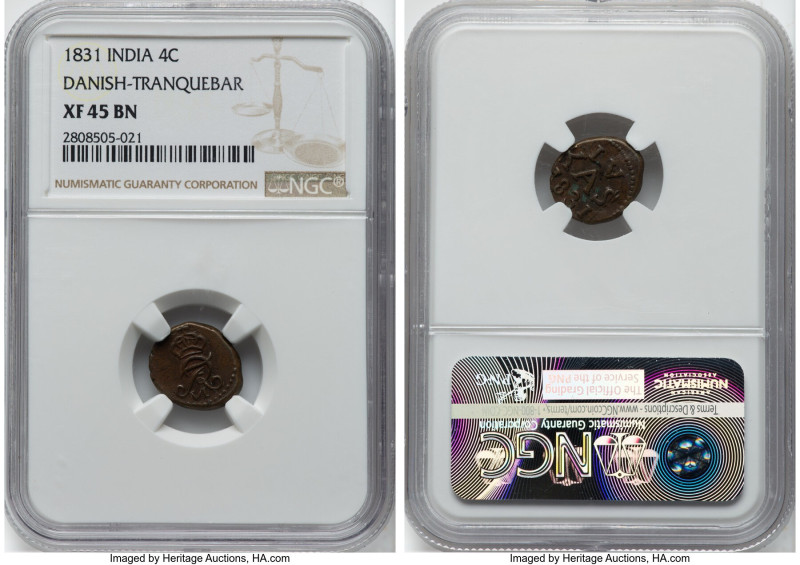 Danish Colony - Tranquebar. Frederick VI 4 Cash (4 Kas) 1831 XF45 Brown NGC, KM1...