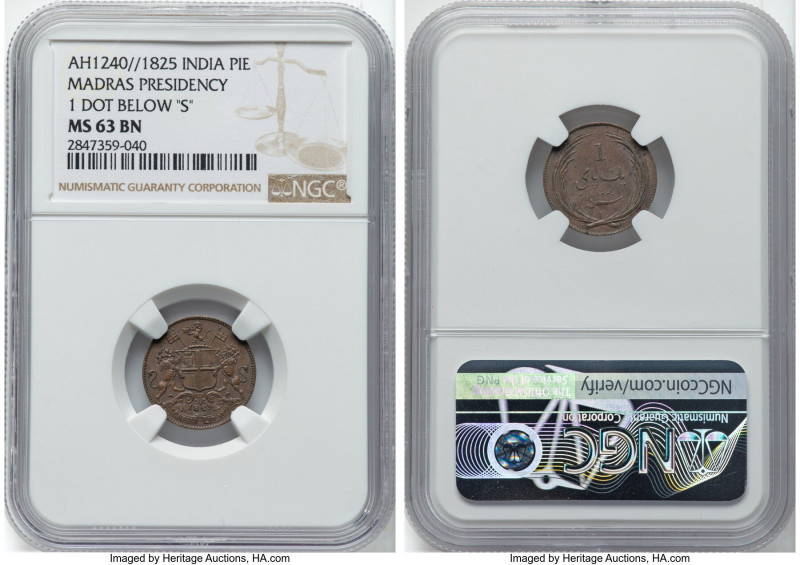 British India. Madras Presidency Pie AH 1240 (1825) MS63 Brown NGC, KM428. One d...