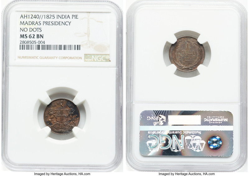 British India. Madras Presidency Pie AH 1240 (1825) MS62 Brown NGC, KM428. No do...