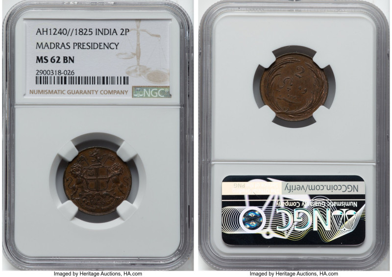 British India. Madras Presidency 2 Pies AH 1240 (1825) MS62 Brown NGC, London mi...