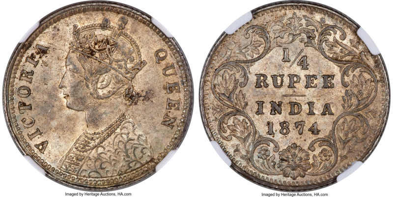 British India. Victoria 1/4 Rupee 1874-(c) AU58 NGC, Calcutta mint, KM470. S&W-5...