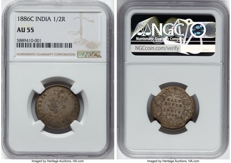 British India. Victoria 1/2 Rupee 1886-C AU55 NGC, Calcutta mint, KM491, S&W-6.1...