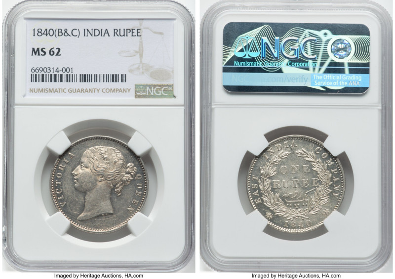 British India. Victoria Rupee 1840-(b&c) MS62 NGC, Bombay or Calcutta mint, KM45...