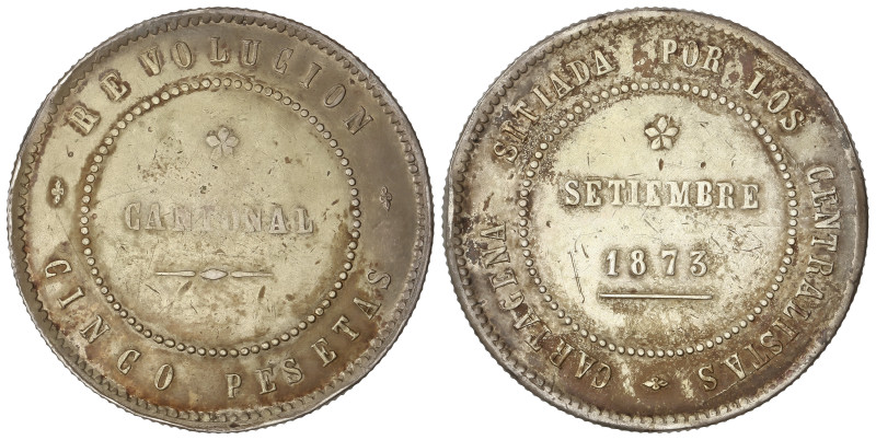 Peseta Period

Cantonal Revolution

5 Pesetas. 1873. CARTAGENA. Anv.: 80 per...