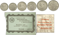 Peseta Period

Estado Español

Serie 3 monedas 5, 25 y 50 Pesetas. 1957. (*BA). I Exposición Iberoamericana de Numismática y Medallística. Barcelo...