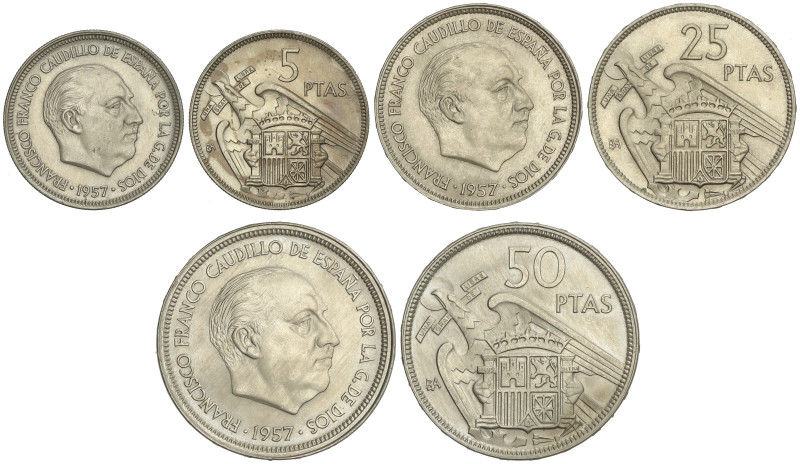 Peseta Period

Estado Español

Serie 3 monedas 5, 25 y 50 Pesetas. 1957. (*B...