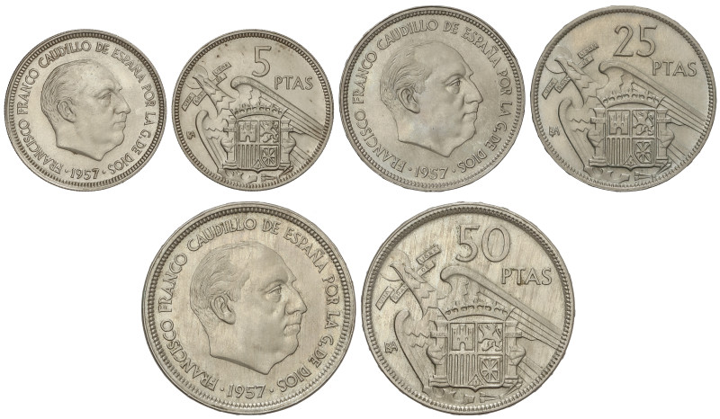 Peseta Period

Estado Español

Serie 3 monedas 5, 25 y 50 Pesetas. 1957. (*B...