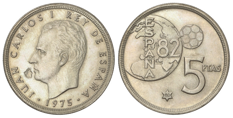 Peseta Period

Juan Carlo I

5 Pesetas. 1975 (*80). ERROR del Mundial. (Hoji...