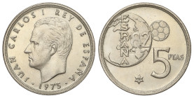 Peseta Period

Juan Carlo I

5 Pesetas. 1975 (*80). ERROR del Mundial. AC-40; HG-388a. EBC.