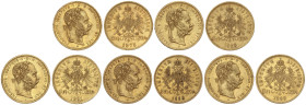 World Coins

Austria

Lote 5 monedas 8 Florins 20 Francs. 1875 a 1888. FRANZ JOSEPH I. Peso total de 32,13 grs. AU (900). Fr-502; KM-2269. MBC a M...