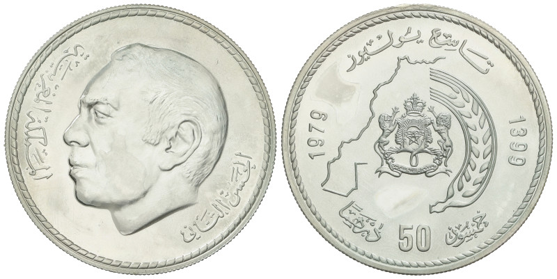 World Coins

Morocco

50 Dirhams. 1979. 35,47 grs. AR. 50 aniversario rey Ha...