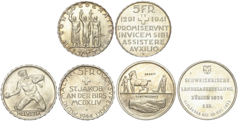 World Coins

Switzerland

Lote 3 monedas 5 Francs. 1939, 41, 44. AR. KM-43, ...