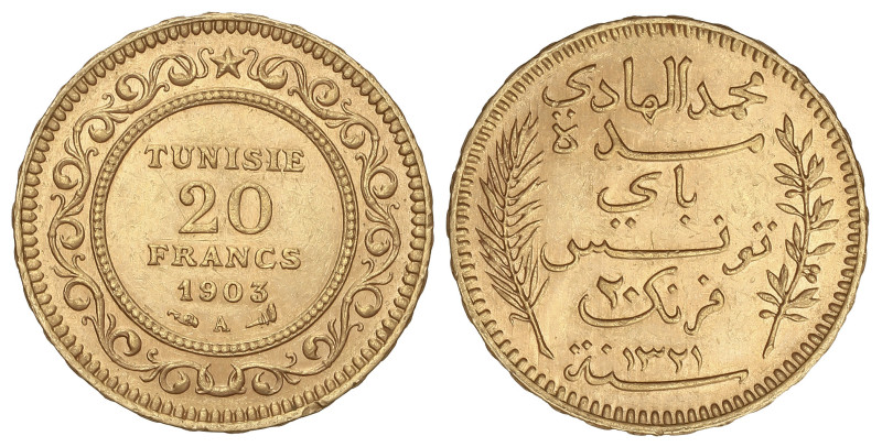 World Coins

Tunisia

20 Francs. 1903-A. PARIS. 6,43 grs. AU (900). (Leves g...