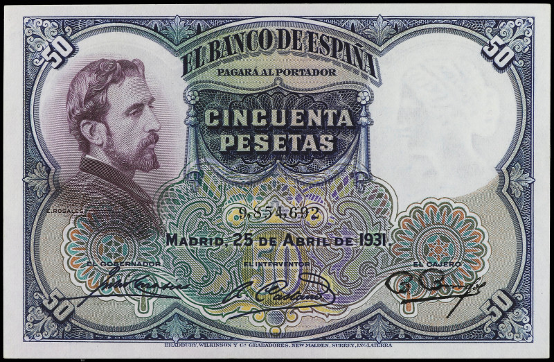 Spanish Banknotes

Banco de España

50 Pesetas. 25 Abril 1931. Rosales. (Arr...