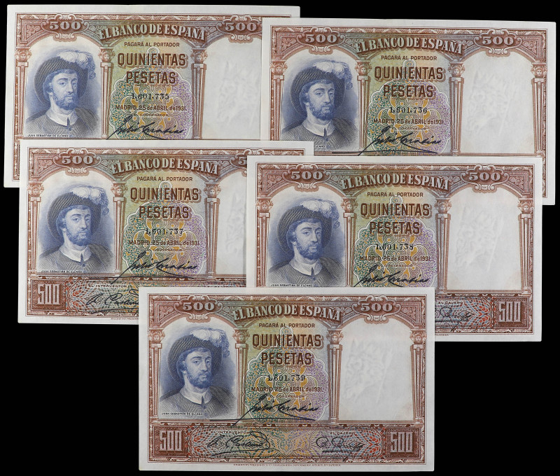 Spanish Banknotes

Banco de España

Lote 5 billetes 500 Pesetas. 25 Abril 19...