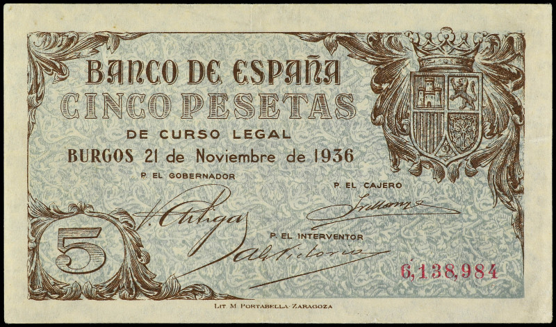 Spanish Banknotes

Estado Español

5 Pesetas. 21 Noviembre 1936. Ed-417. MBC...