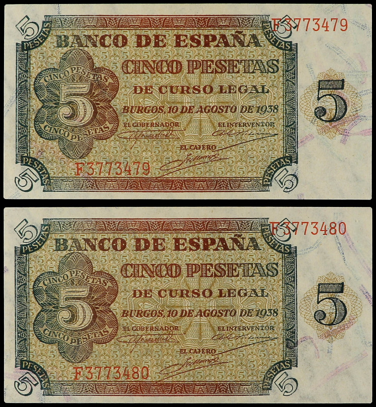 Spanish Banknotes

Estado Español

Lote 2 billetes 5 Pesetas. 10 Agosto 1938...