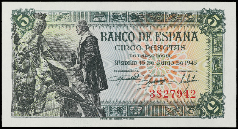 Spanish Banknotes

Estado Español

5 Pesetas. 15 Junio 1945. Capitulaciones ...