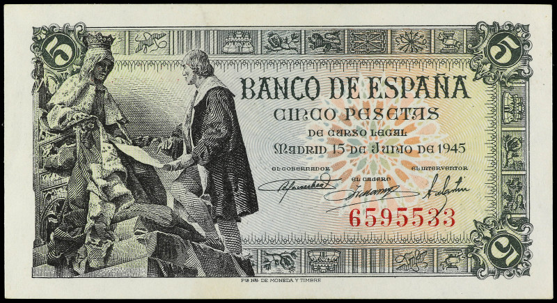 Spanish Banknotes

Estado Español

5 Pesetas. 15 Junio 1945. Capitulaciones ...