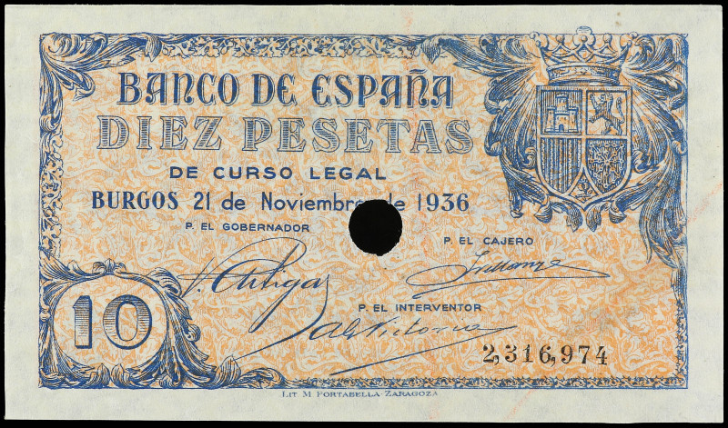 Spanish Banknotes

Estado Español

10 Pesetas. 21 Noviembre 1936. Con taladr...