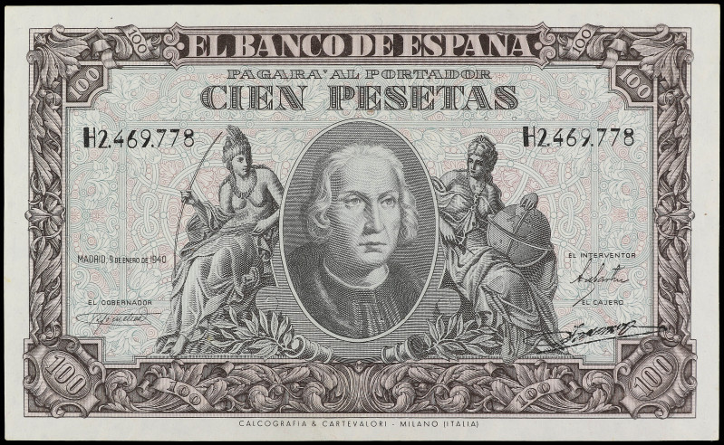 Spanish Banknotes

Estado Español

100 Pesetas. 9 Enero 1940. Colón. Serie H...