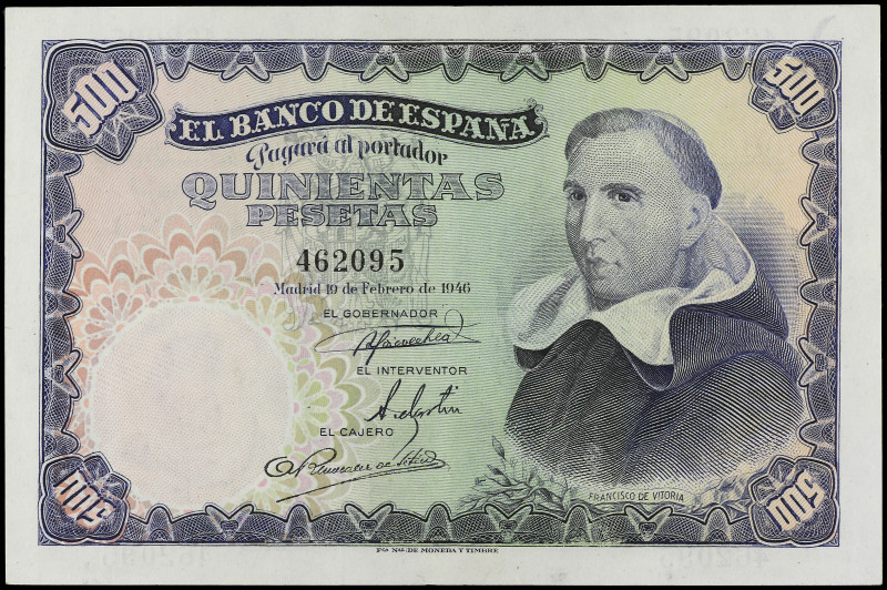 Spanish Banknotes

Estado Español

500 Pesetas. 23 Febrero 1946. Francisco d...