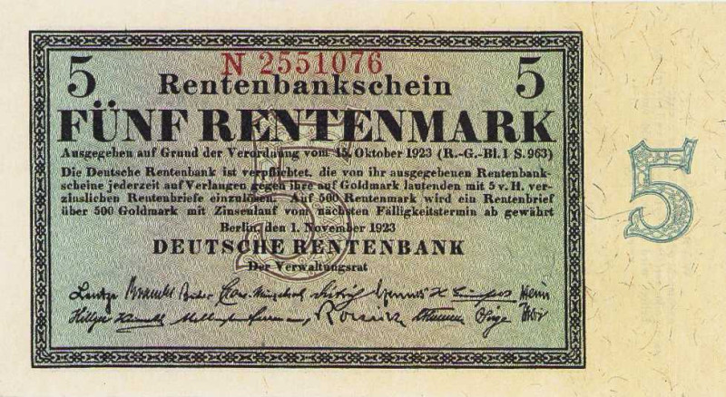 Deutsches Reich bis 1945
Deutsche Rentenbank 1923-1937 5 Rentenmark 1.11.1923. ...