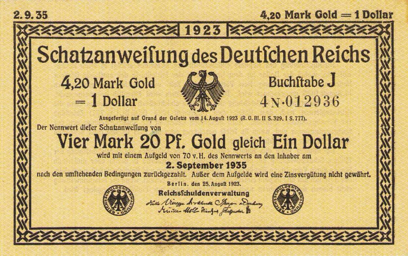 Deutsches Reich bis 1945
Schatzanweisung des Deutschen Reiches 4,20 Mark Gold =...