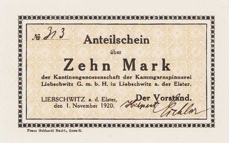 Städte und Gemeinden
Liebschwitz Anteilschein über 10 Mark 1.11.1920. Anteilsch...