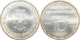 Fehlprägungen, Proben und Abschläge
 1 Mark 1974. 25 Jahre DDR-Materialprobe in Silber. Randschrift: 3x 10 Mark Jaeger 1551 P Selten. Prachtvolles Ex...