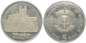 Kurs- und Gedenkmünzen
 5 Mark 1983. Meißen. Im verplombten Originaletui Jaeger 1543 Selten. Polierte Platte