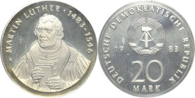 Kurs- und Gedenkmünzen
 20 Mark 1983. Luther. Im verplombten Originaletui Jaeger 1591 Polierte Platte