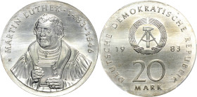 Kurs- und Gedenkmünzen
 20 Mark 1983. Luther. Im PCGS-Slab mit der Bewertung MS67 Jaeger 1591 Fast Stempelglanz