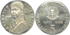 Kurs- und Gedenkmünzen
 5 Mark 1986. Kleist. Im verplombten Originaletui Jaeger 1611 Polierte Platte
