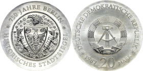 Kurs- und Gedenkmünzen
 20 Mark 1987. Stadtsiegel. Im PCGS-Slab mit der Bewertung MS67 Jaeger 1617 Fast Stempelglanz