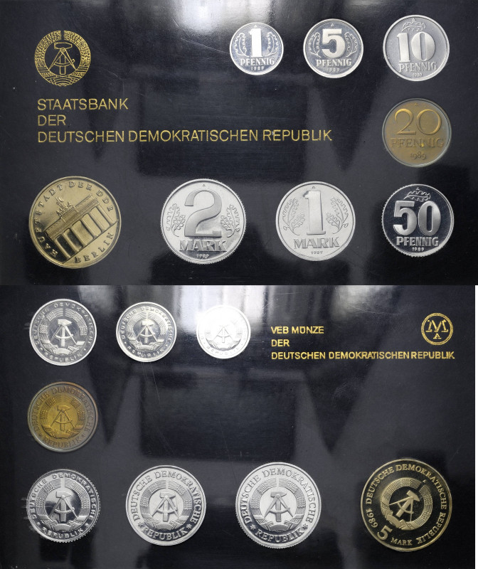 Kursmünzensätze
 1, 5, 10, 20 und 50 Pfennig, 1, 2 und 5 Mark 1989. Brandenburg...