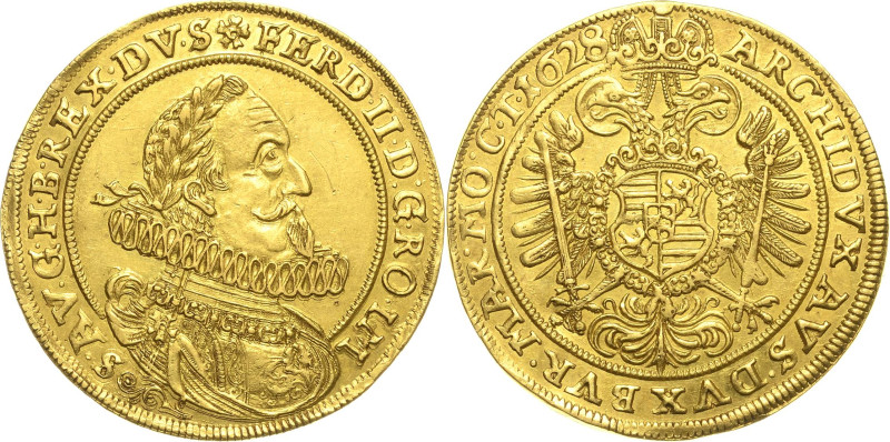 Habsburg
Ferdinand II. 1619-1637 5 Dukaten 1628, Breslau Brustbild mit Lorbeerk...