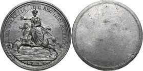 Habsburg
Maria Theresia 1740-1780 Einseitige Zinnmedaille 1743. Erinnerung an ihre Krönung als ungarische Königin. Maria Theresia zu Pferd nach links...