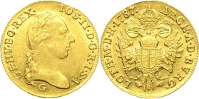 Habsburg
Josef II. 1764-1790 Dukat 1787, G-Nagybanya Jaeger 21 Friedberg 204 GOLD. 3.48 g. Fast Stempelglanz/Stempelglanz